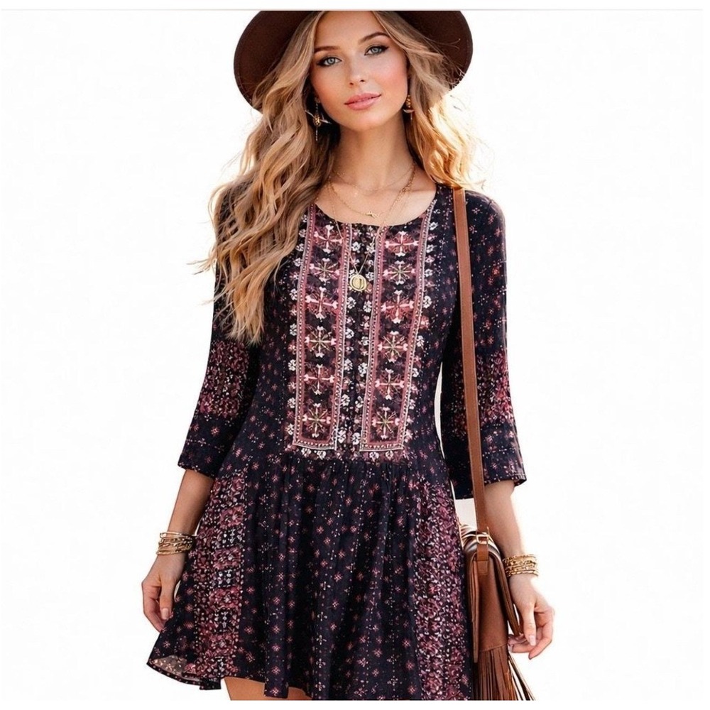 Vanessa Virginia Anthro Kaleidoscope Dress Women Small Blue Embroidered Boho